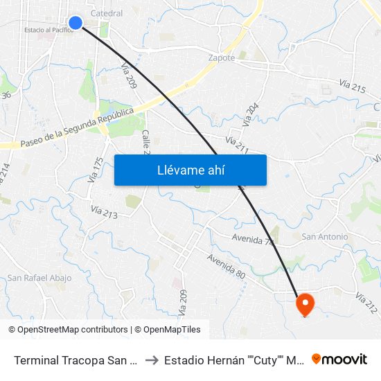 Terminal Tracopa San José to Estadio Hernán ""Cuty"" Monge map