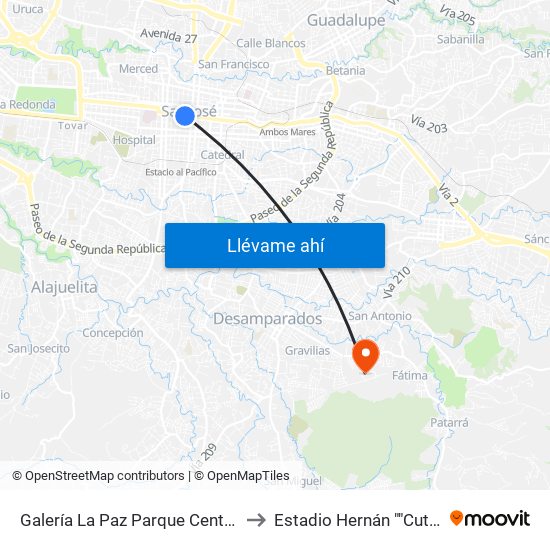 Galería La Paz Parque Central, San José to Estadio Hernán ""Cuty"" Monge map