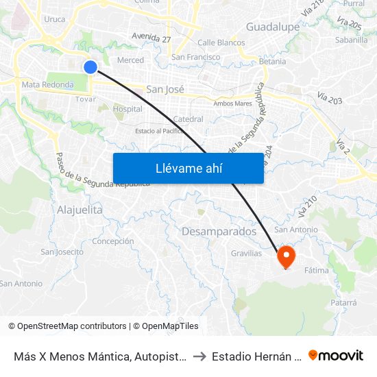 Más X Menos Mántica, Autopista General Cañas San José to Estadio Hernán ""Cuty"" Monge map