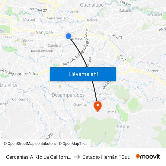 Cercanías A Kfc La California, San José to Estadio Hernán ""Cuty"" Monge map