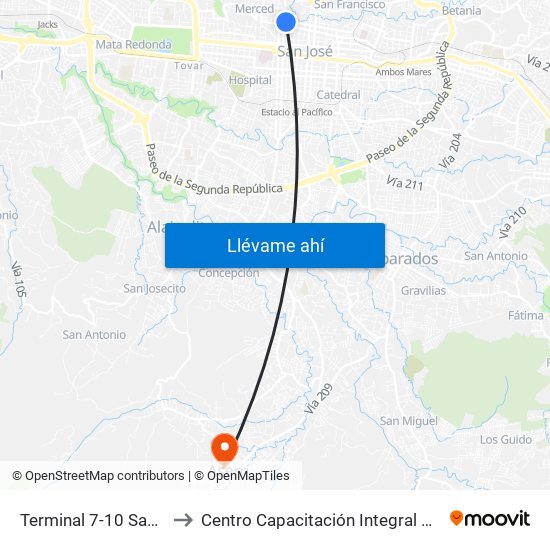 Terminal 7-10 San José to Centro Capacitación Integral Dinadeco map