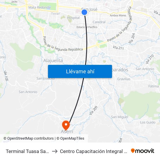 Terminal Tuasa San José to Centro Capacitación Integral Dinadeco map