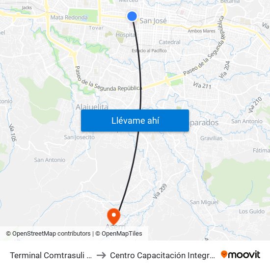 Terminal Comtrasuli San José to Centro Capacitación Integral Dinadeco map