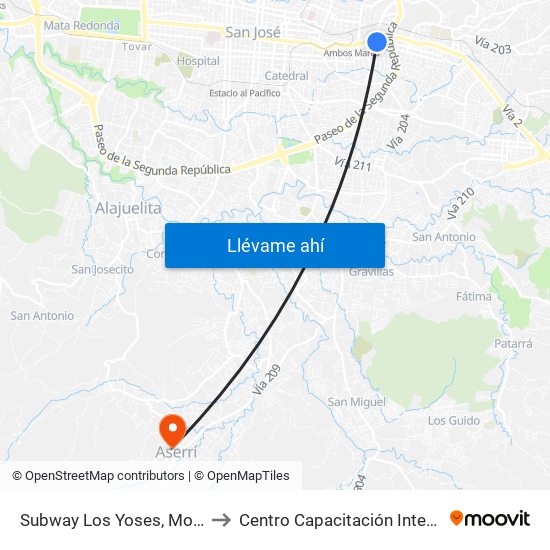 Subway Los Yoses, Montes De Oca to Centro Capacitación Integral Dinadeco map