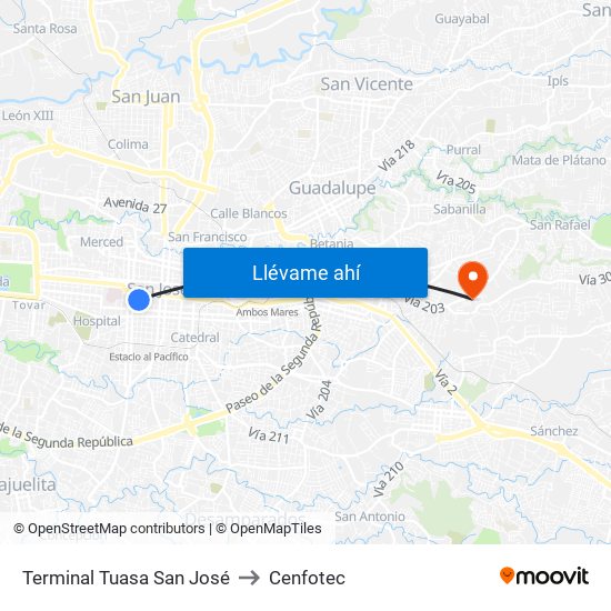 Terminal Tuasa San José to Cenfotec map