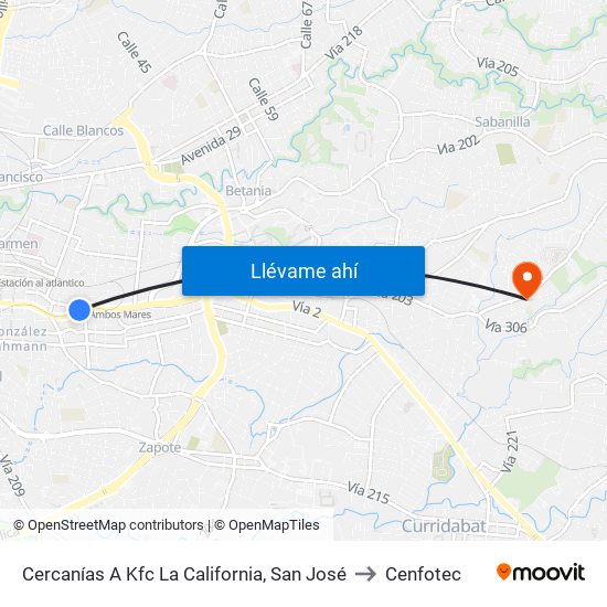Cercanías A Kfc La California, San José to Cenfotec map