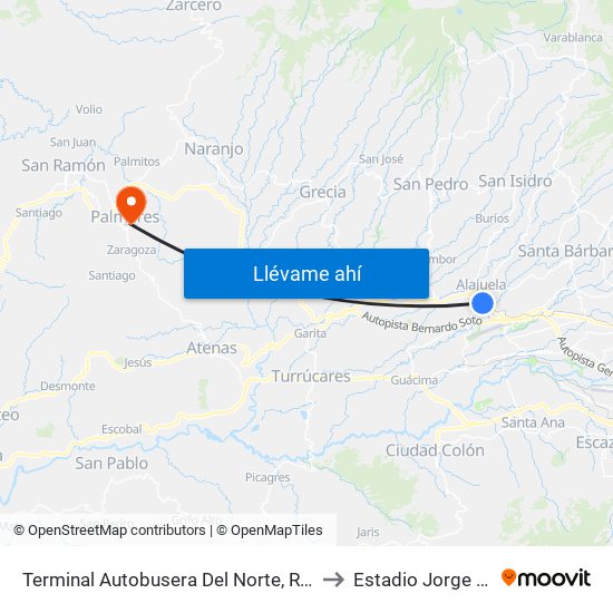 Terminal Autobusera Del Norte, Radial Francisco J. Orlich Alajuela to Estadio Jorge Palmareño Solís map