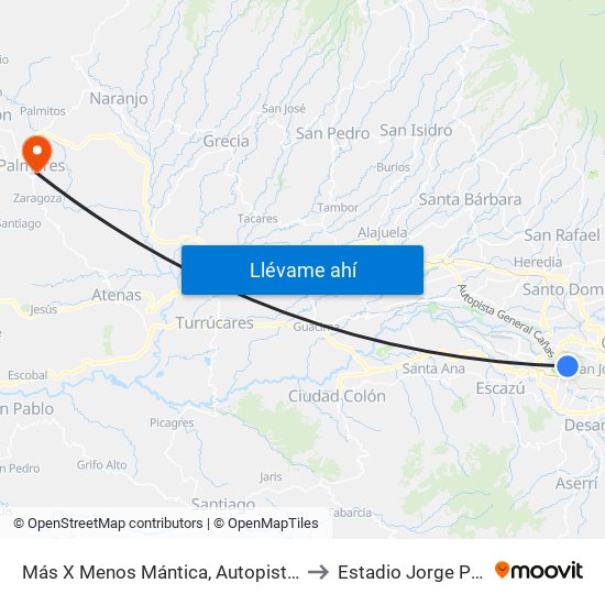 Más X Menos Mántica, Autopista General Cañas San José to Estadio Jorge Palmareño Solís map