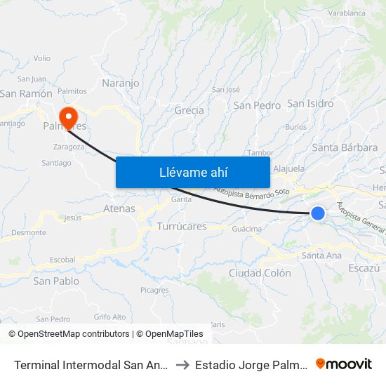 Terminal Intermodal San Antonio De Belén to Estadio Jorge Palmareño Solís map
