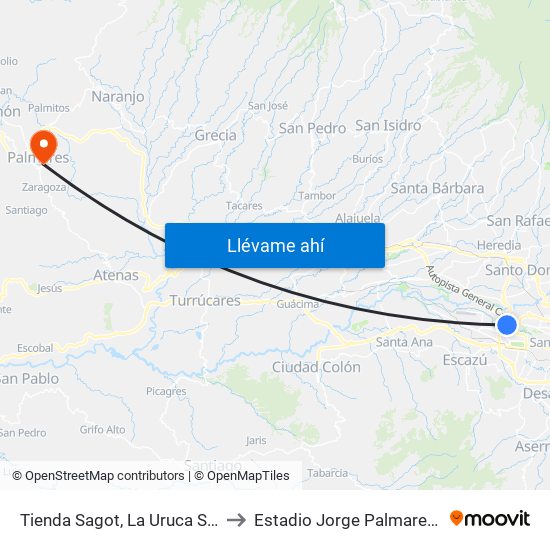 Tienda Sagot, La Uruca San José to Estadio Jorge Palmareño Solís map