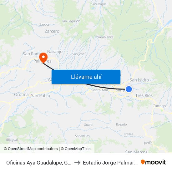 Oficinas Aya Guadalupe, Goicoechea to Estadio Jorge Palmareño Solís map