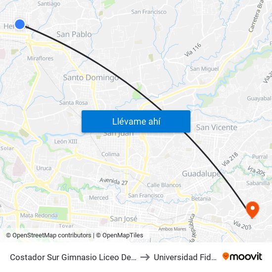 Costador Sur Gimnasio Liceo De Heredia to Universidad Fidélitas map