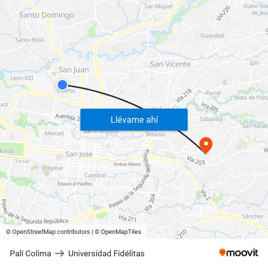 Palí Colima to Universidad Fidélitas map