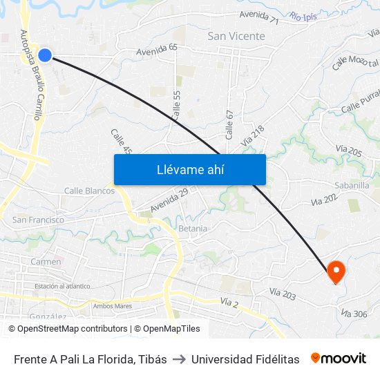 Frente A Pali La Florida, Tibás to Universidad Fidélitas map