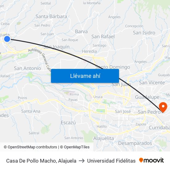 Casa De Pollo Macho, Alajuela to Universidad Fidélitas map