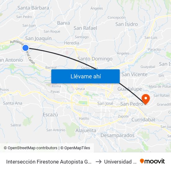 Intersección Firestone Autopista General Cañas, Belén to Universidad Fidélitas map