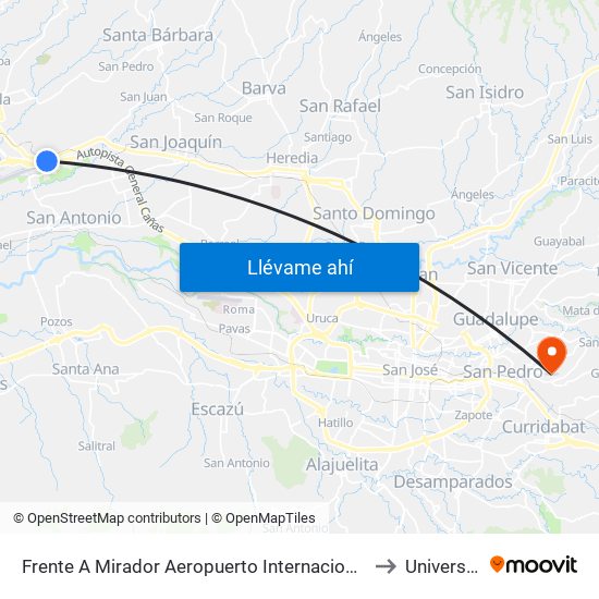 Frente A Mirador Aeropuerto Internacional Juan Santamaría, Auotpista General Cañas Alajuela to Universidad Fidélitas map
