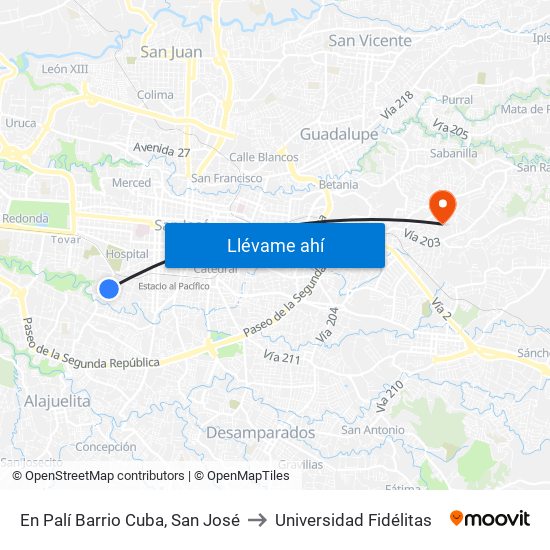 En Palí Barrio Cuba, San José to Universidad Fidélitas map