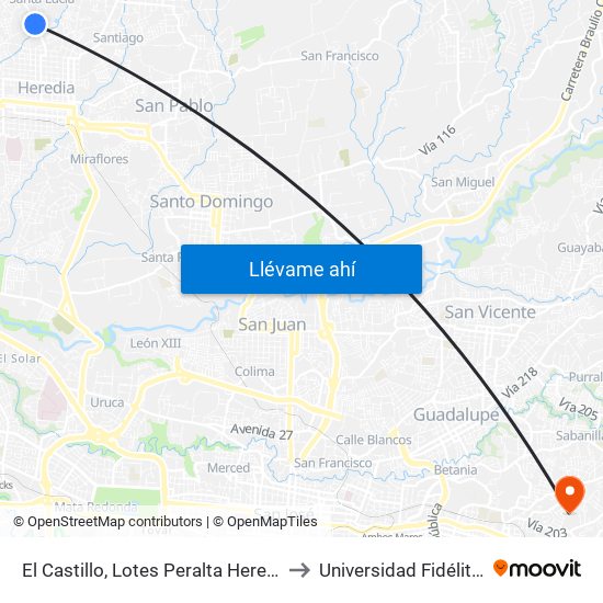 El Castillo, Lotes Peralta Heredia to Universidad Fidélitas map