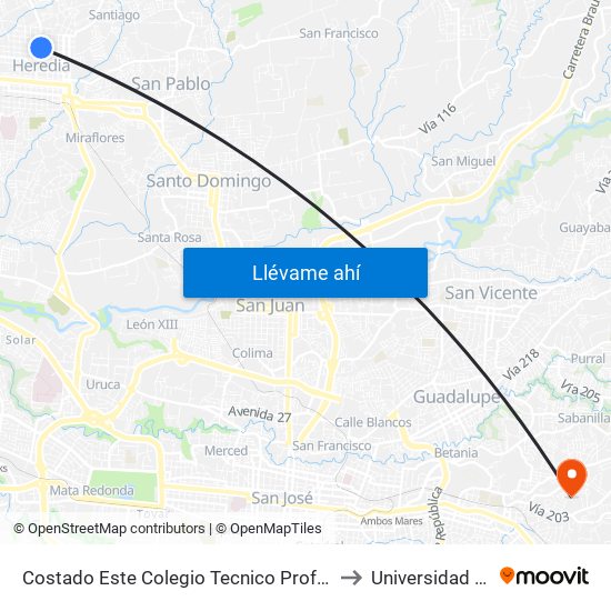 Costado Este Colegio Tecnico Profesional De Heredia to Universidad Fidélitas map