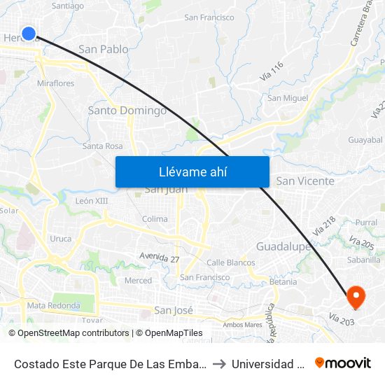 Costado Este Parque De Las Embarazadas, Heredia to Universidad Fidélitas map