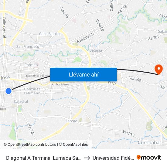 Diagonal A Terminal Lumaca San José to Universidad Fidélitas map