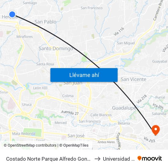 Costado Norte Parque Alfredo González Flores, Heredia to Universidad Fidélitas map