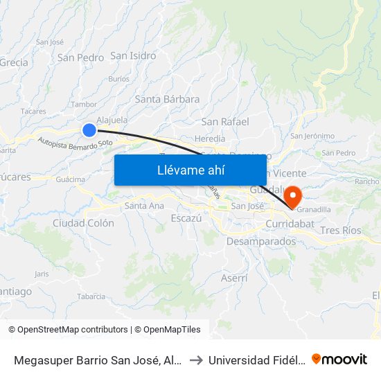 Megasuper Barrio San José, Alajuela to Universidad Fidélitas map
