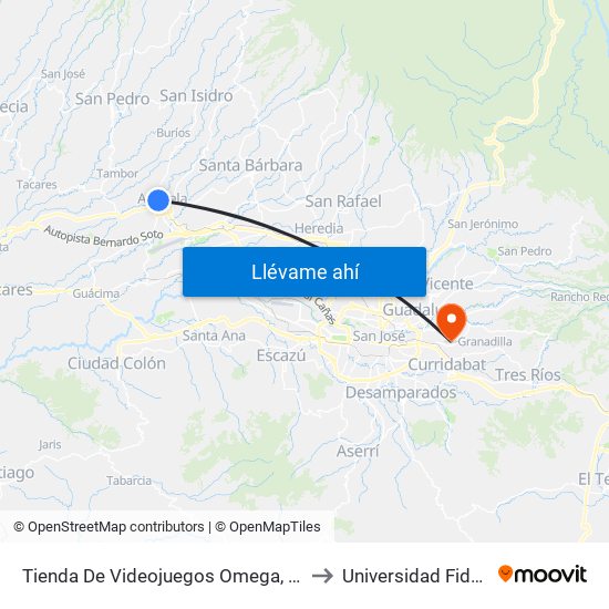 Tienda De Videojuegos Omega, Alajuela to Universidad Fidélitas map
