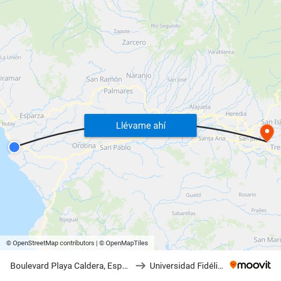 Boulevard Playa Caldera, Esparza to Universidad Fidélitas map