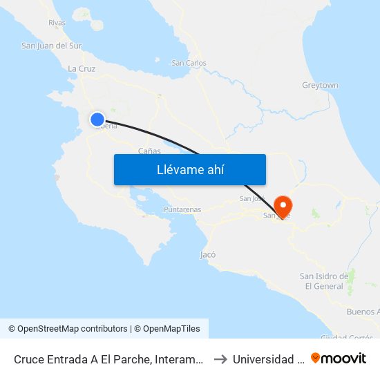 Cruce Entrada A El Parche, Interamericana Norte Liberia to Universidad Fidélitas map