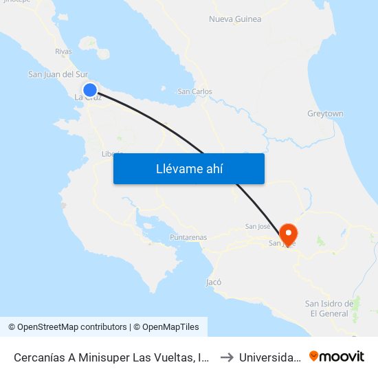 Cercanías A Minisuper Las Vueltas, Interamericana Norte La Cruz to Universidad Fidélitas map