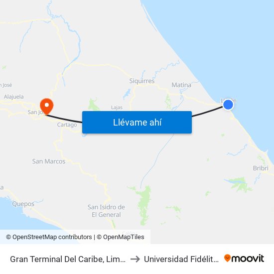 Gran Terminal Del Caribe, Limón to Universidad Fidélitas map