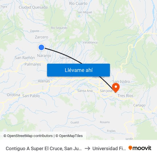 Contiguo A Super El Cruce, San Juanillo Naranjo to Universidad Fidélitas map