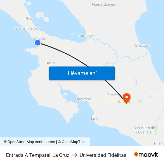 Entrada A Tempatal, La Cruz to Universidad Fidélitas map