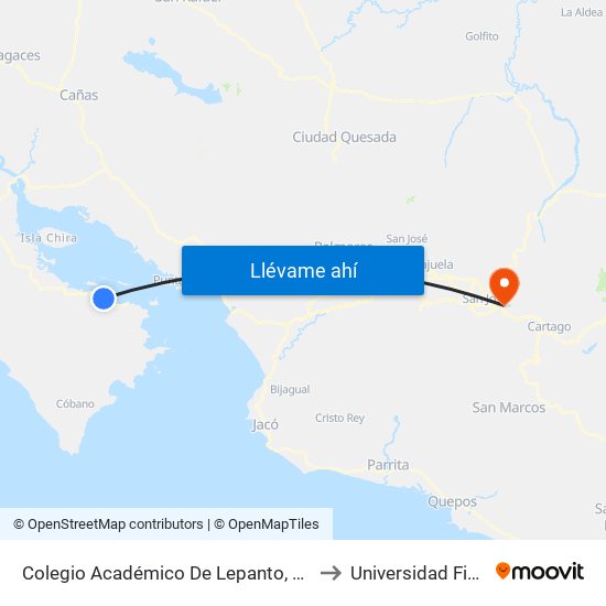 Colegio Académico De Lepanto, Puntarenas to Universidad Fidélitas map