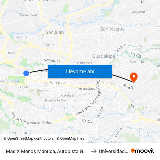 Más X Menos Mántica, Autopista General Cañas San José to Universidad Fidélitas map