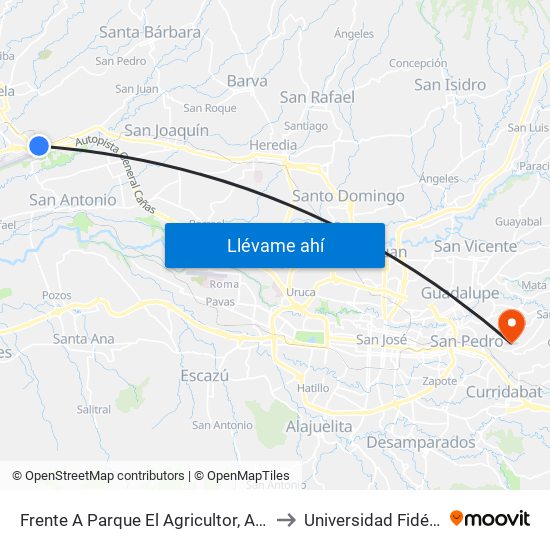 Frente A Parque El Agricultor, Alajuela to Universidad Fidélitas map