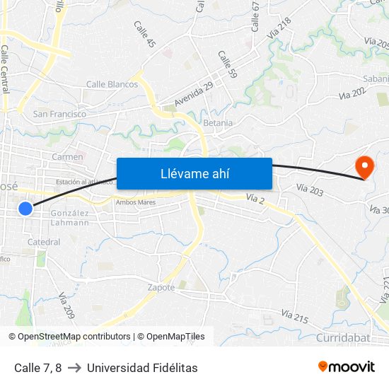 Calle 7, 8 to Universidad Fidélitas map
