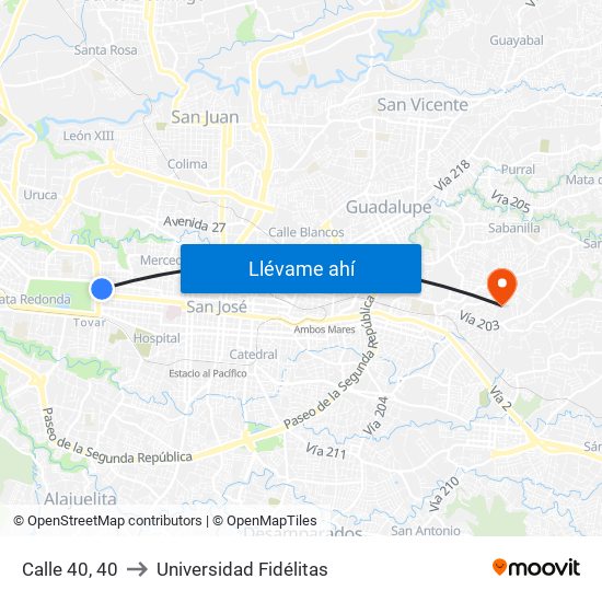 Calle 40, 40 to Universidad Fidélitas map