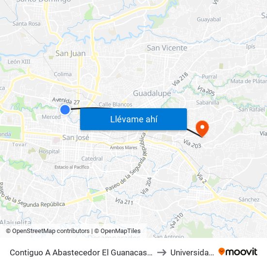 Contiguo A Abastecedor El Guanacasteco, Iglesias Flores San José to Universidad Fidélitas map