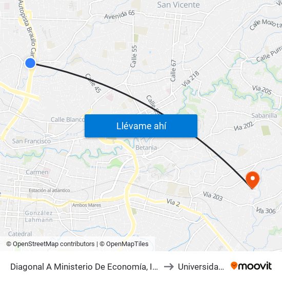 Diagonal A Ministerio De Economía, Industria Y Comercio, Tibás to Universidad Fidélitas map