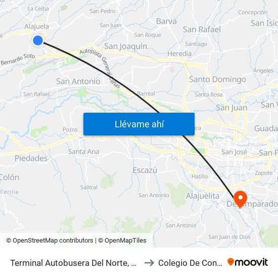 Terminal Autobusera Del Norte, Radial Francisco J. Orlich Alajuela to Colegio De Contadores Privados map