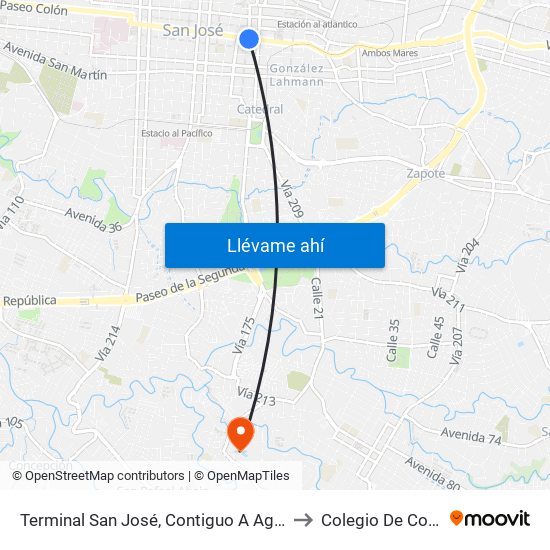 Terminal San José, Contiguo A Agencia Western Union Avenida Segunda to Colegio De Contadores Privados map