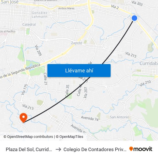 Plaza Del Sol, Curridabat to Colegio De Contadores Privados map