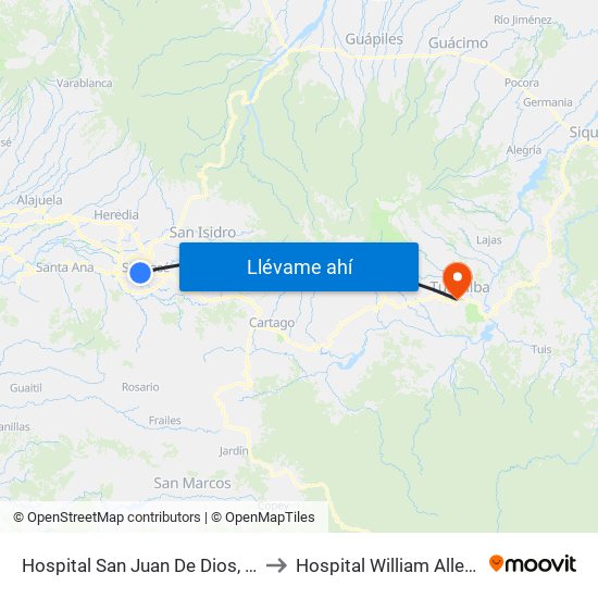 Hospital San Juan De Dios, San José to Hospital William Allen Taylor map