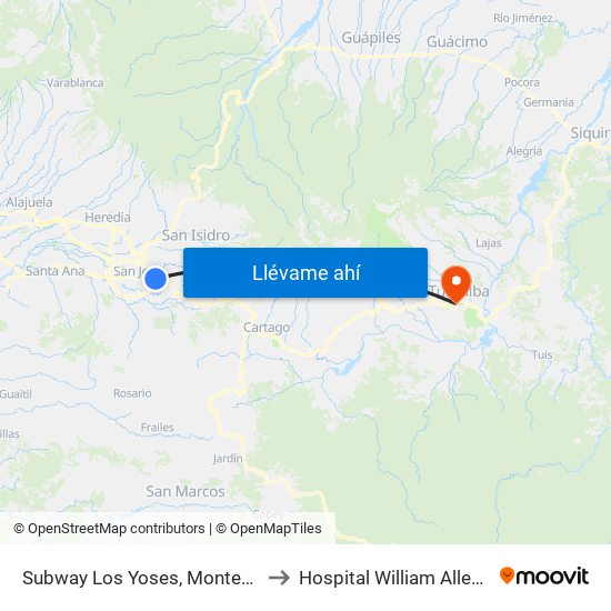 Subway Los Yoses, Montes De Oca to Hospital William Allen Taylor map