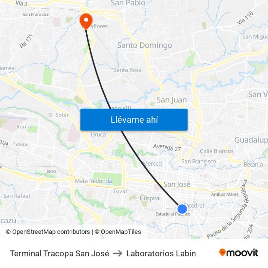Terminal Tracopa San José to Laboratorios Labin map