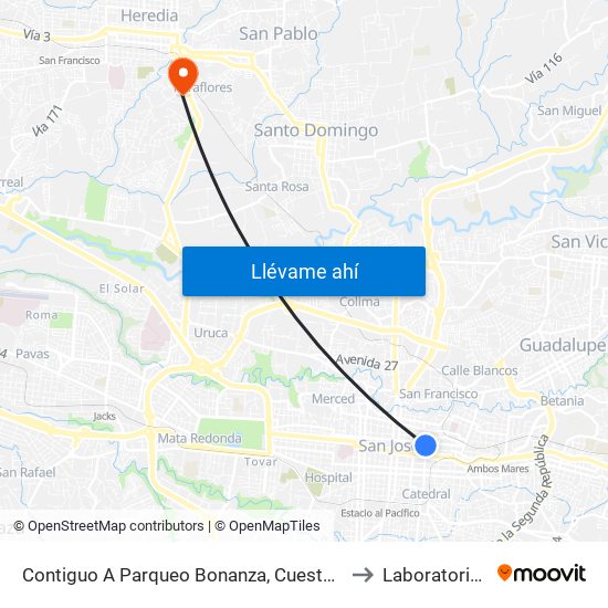 Contiguo A Parqueo Bonanza, Cuesta De Moras San José to Laboratorios Labin map