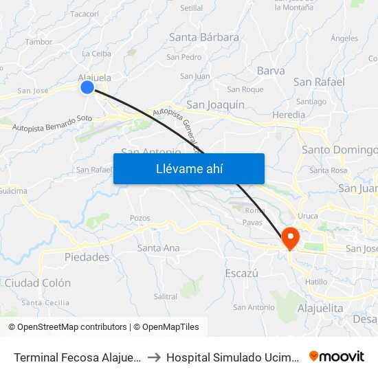 Terminal Fecosa Alajuela to Hospital Simulado Ucimed map